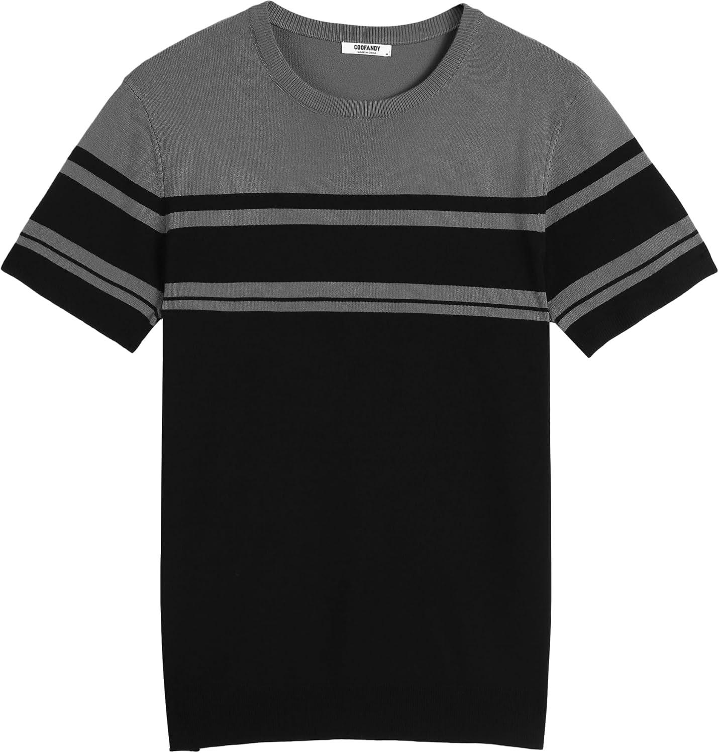 imageCOOFANDY Mens Crewneck Sweater Short Sleeve Casual Basic Tops Classic Fashion Knit Pullover TeesStripe Black Grey