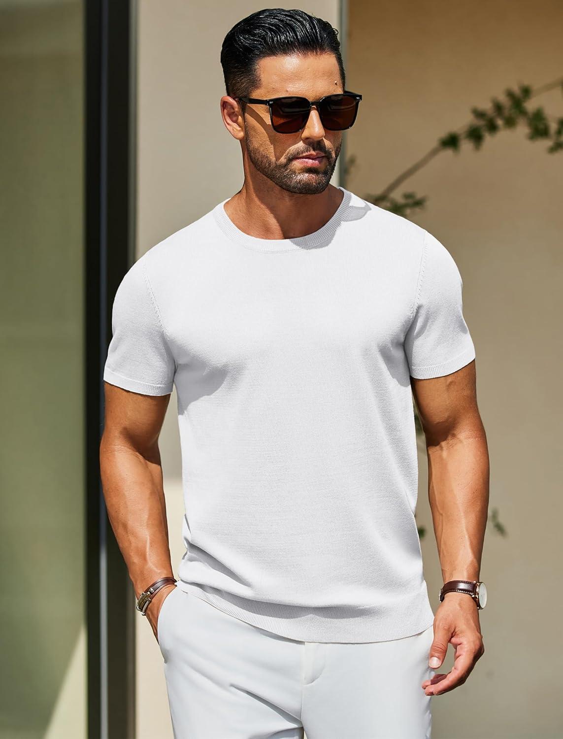 imageCOOFANDY Mens Crewneck Sweater Short Sleeve Casual Basic Tops Classic Fashion Knit Pullover TeesWhite