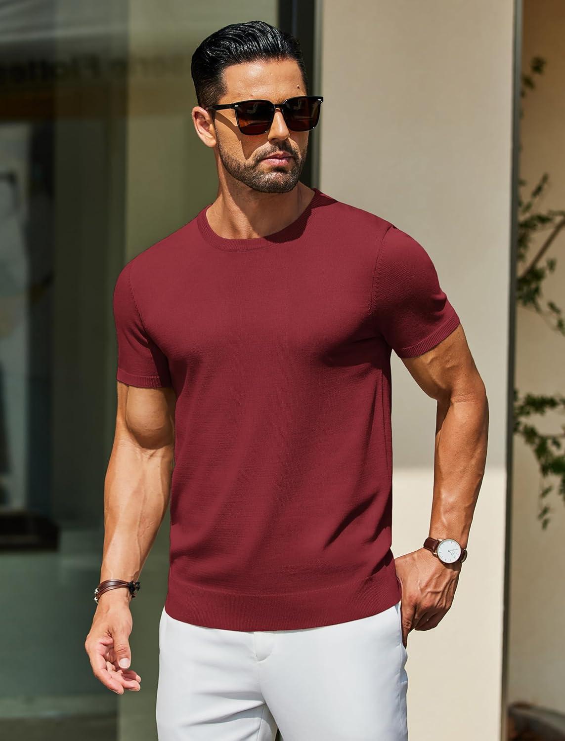 imageCOOFANDY Mens Crewneck Sweater Short Sleeve Casual Basic Tops Classic Fashion Knit Pullover TeesWine Red