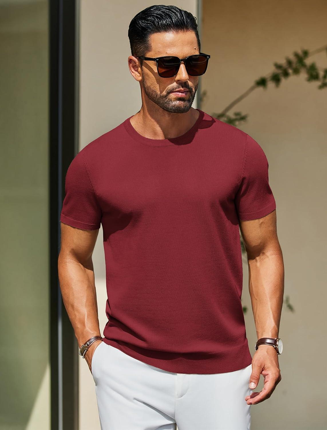 imageCOOFANDY Mens Crewneck Sweater Short Sleeve Casual Basic Tops Classic Fashion Knit Pullover TeesWine Red