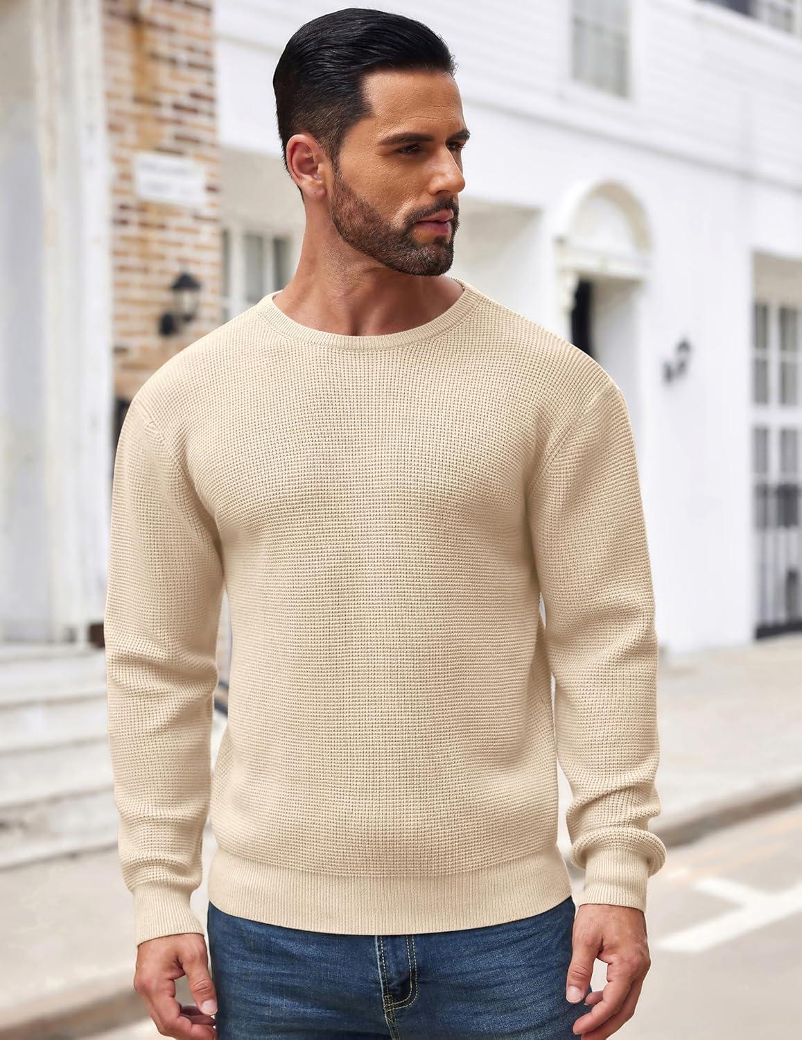imageCOOFANDY Mens Crewneck Sweater Waffle Textured Pullover Sweaters Soft Midweight Knitted SweatersBeige