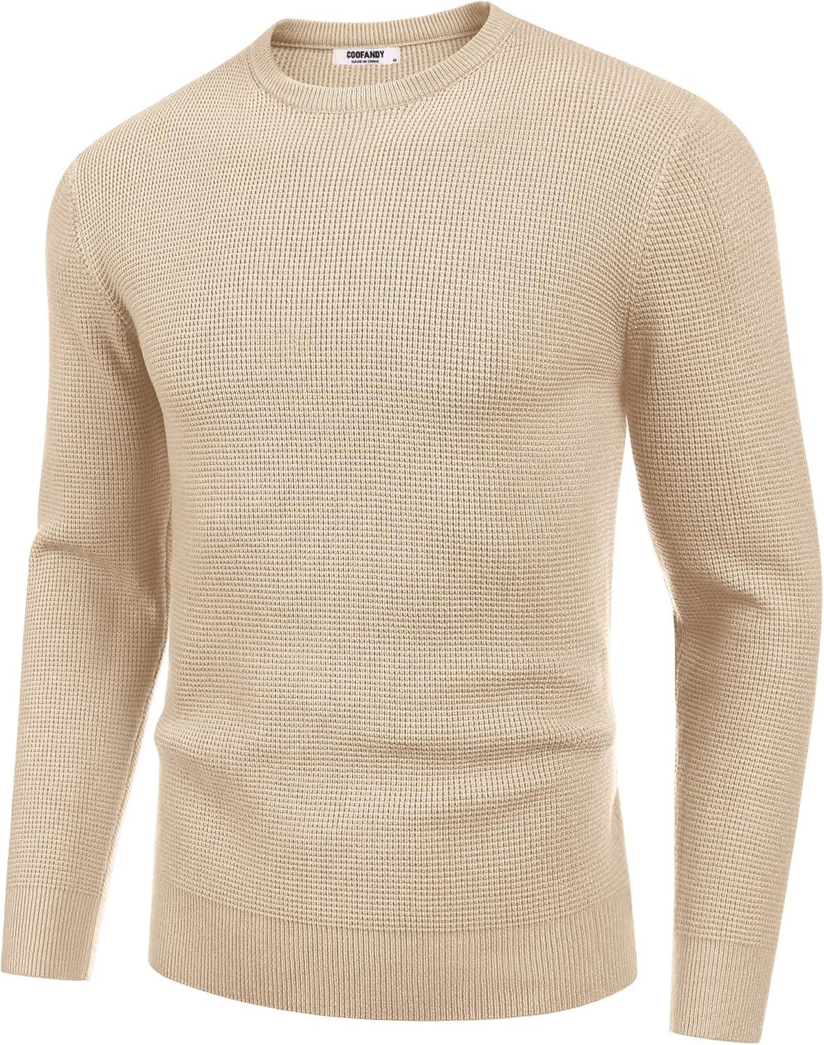imageCOOFANDY Mens Crewneck Sweater Waffle Textured Pullover Sweaters Soft Midweight Knitted SweatersBeige