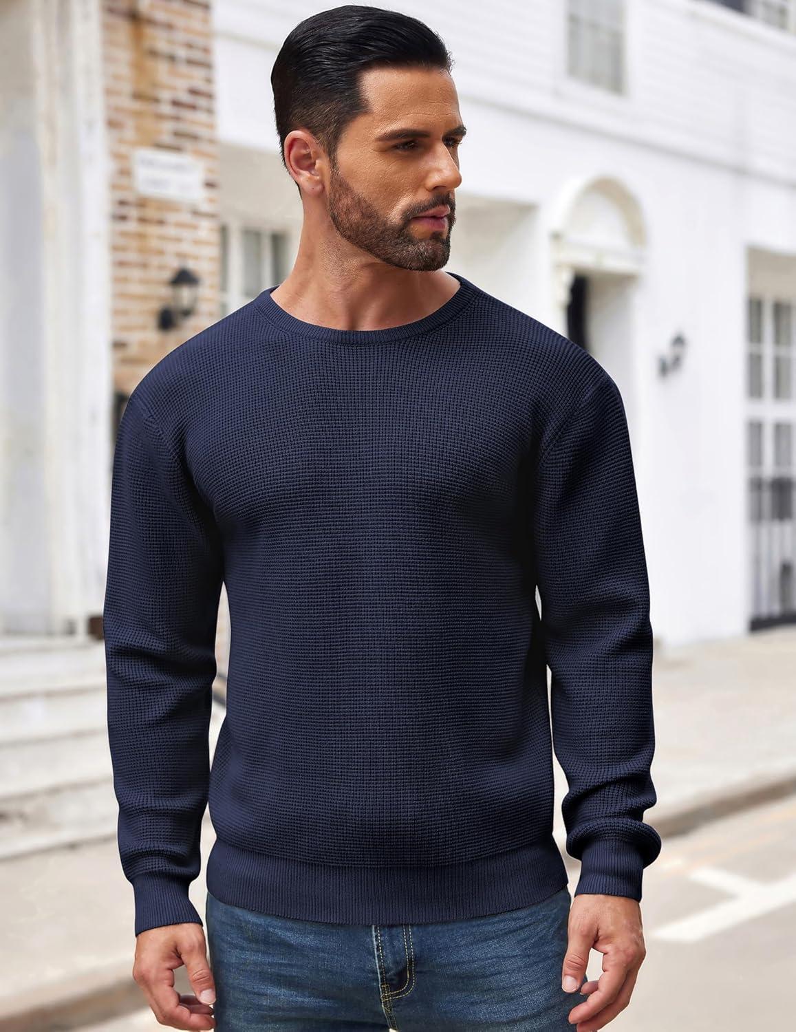 imageCOOFANDY Mens Crewneck Sweater Waffle Textured Pullover Sweaters Soft Midweight Knitted SweatersNavy Blue
