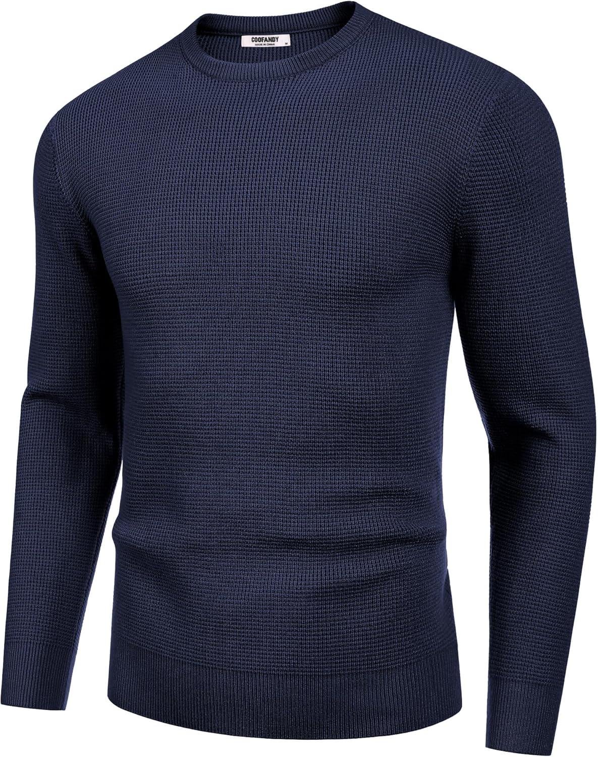 imageCOOFANDY Mens Crewneck Sweater Waffle Textured Pullover Sweaters Soft Midweight Knitted SweatersNavy Blue