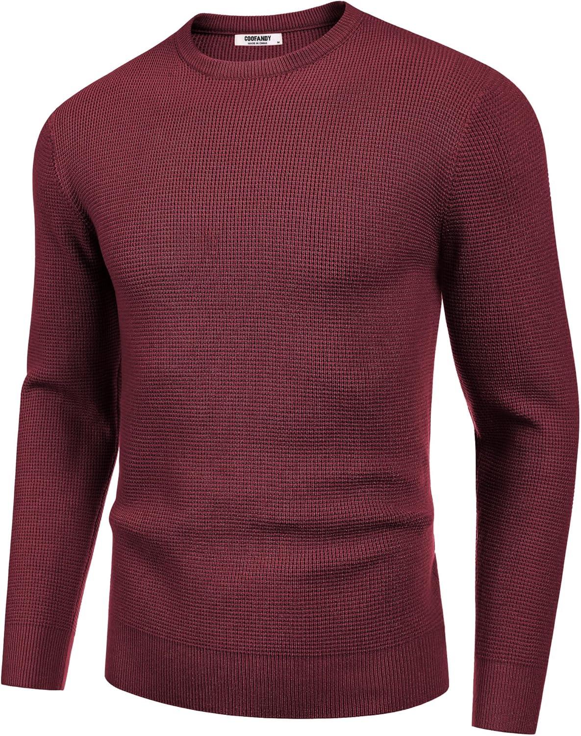 imageCOOFANDY Mens Crewneck Sweater Waffle Textured Pullover Sweaters Soft Midweight Knitted SweatersWine Red