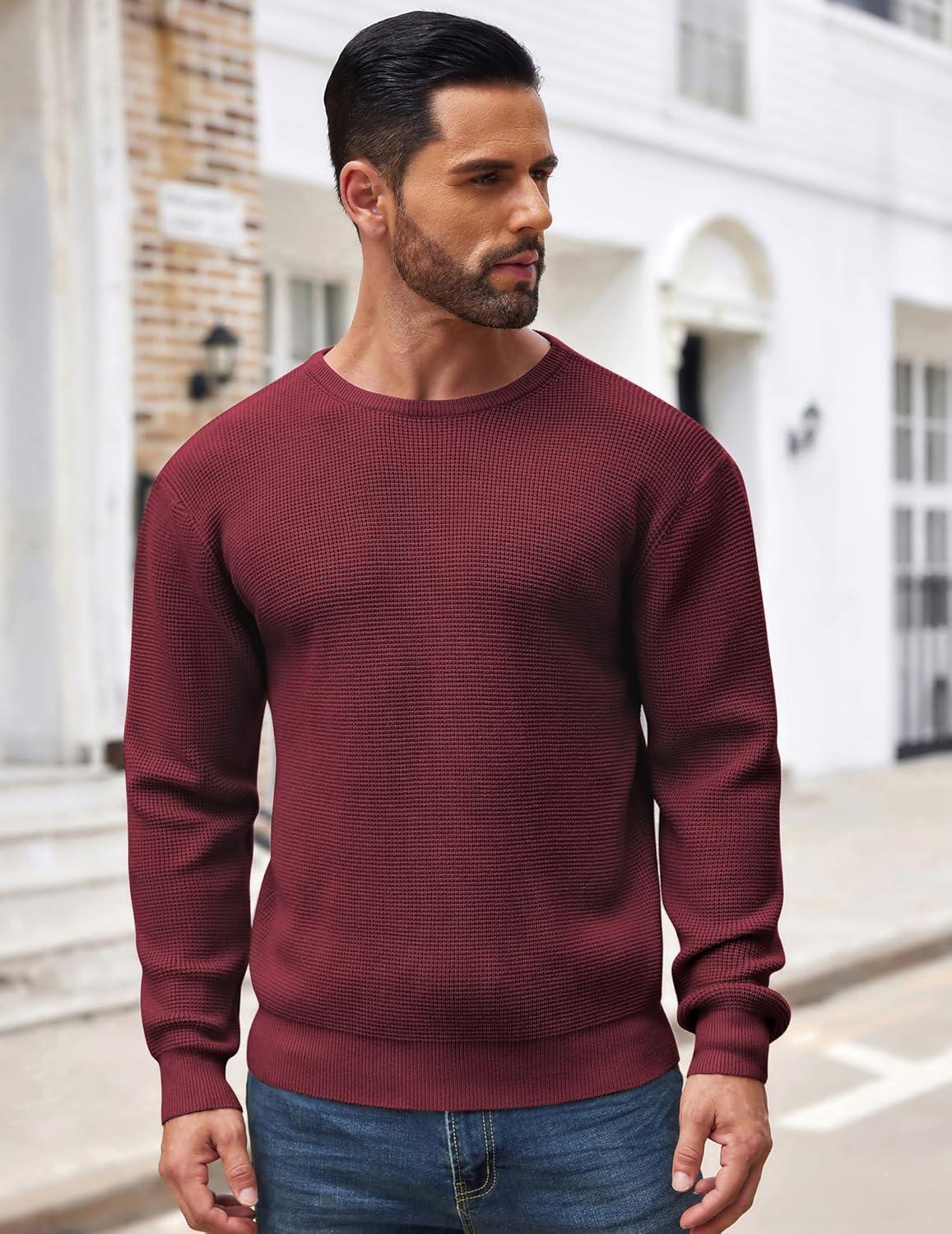 imageCOOFANDY Mens Crewneck Sweater Waffle Textured Pullover Sweaters Soft Midweight Knitted SweatersWine Red