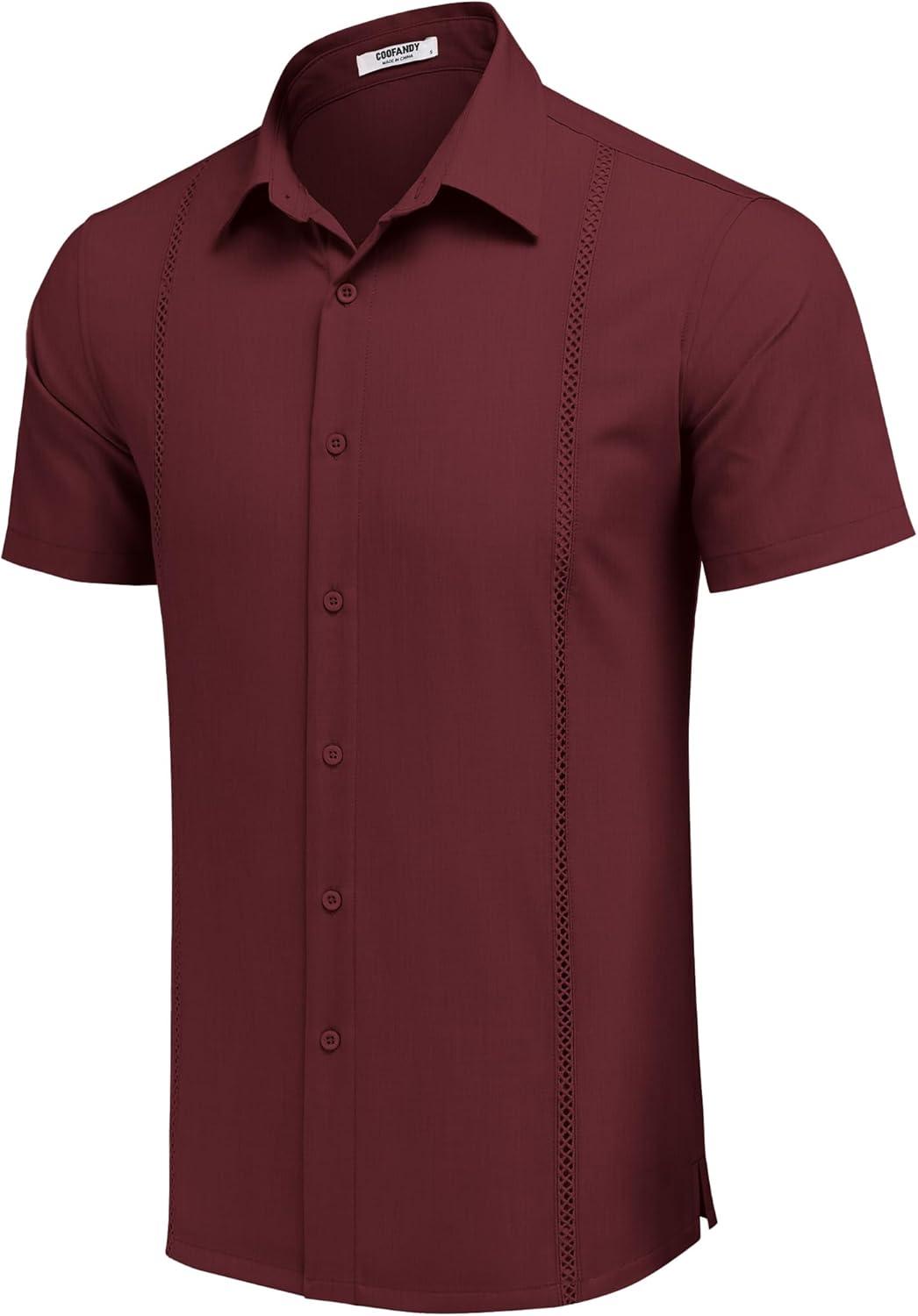 imageCOOFANDY Mens Cuban Guayabera Shirts Short Sleeve Button Down Shirt Lightweight Summer Beach ShirtsWine Red