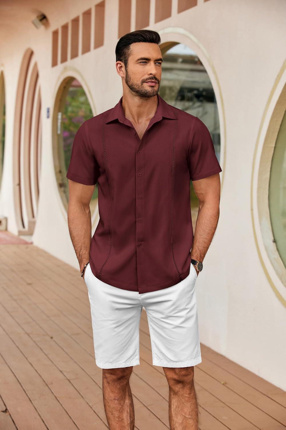 imageCOOFANDY Mens Cuban Guayabera Shirts Short Sleeve Button Down Shirt Lightweight Summer Beach ShirtsWine Red