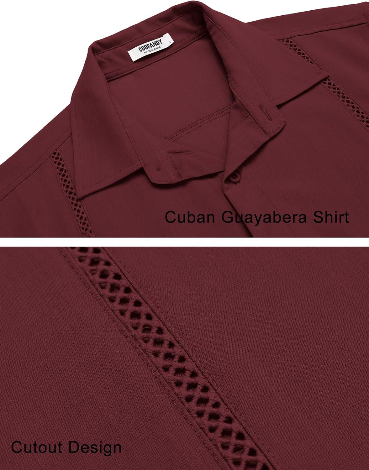 imageCOOFANDY Mens Cuban Guayabera Shirts Short Sleeve Button Down Shirt Lightweight Summer Beach ShirtsWine Red