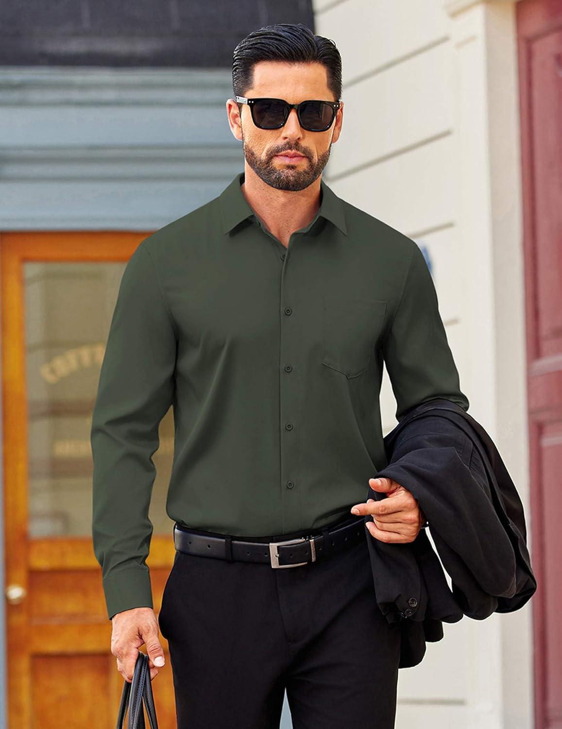 imageCOOFANDY Mens Dress Shirts Long Sleeve Business Casual Button Down Shirts Regular Fit Formal ShirtsDark Army Green
