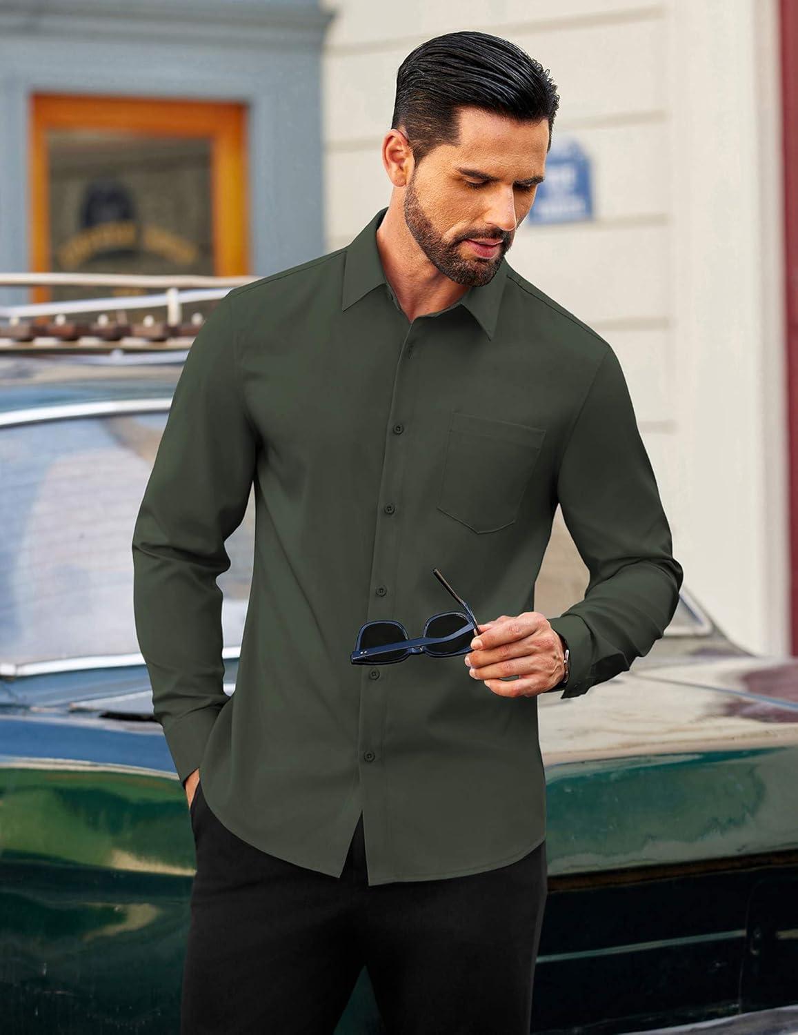 imageCOOFANDY Mens Dress Shirts Long Sleeve Business Casual Button Down Shirts Regular Fit Formal ShirtsDark Army Green