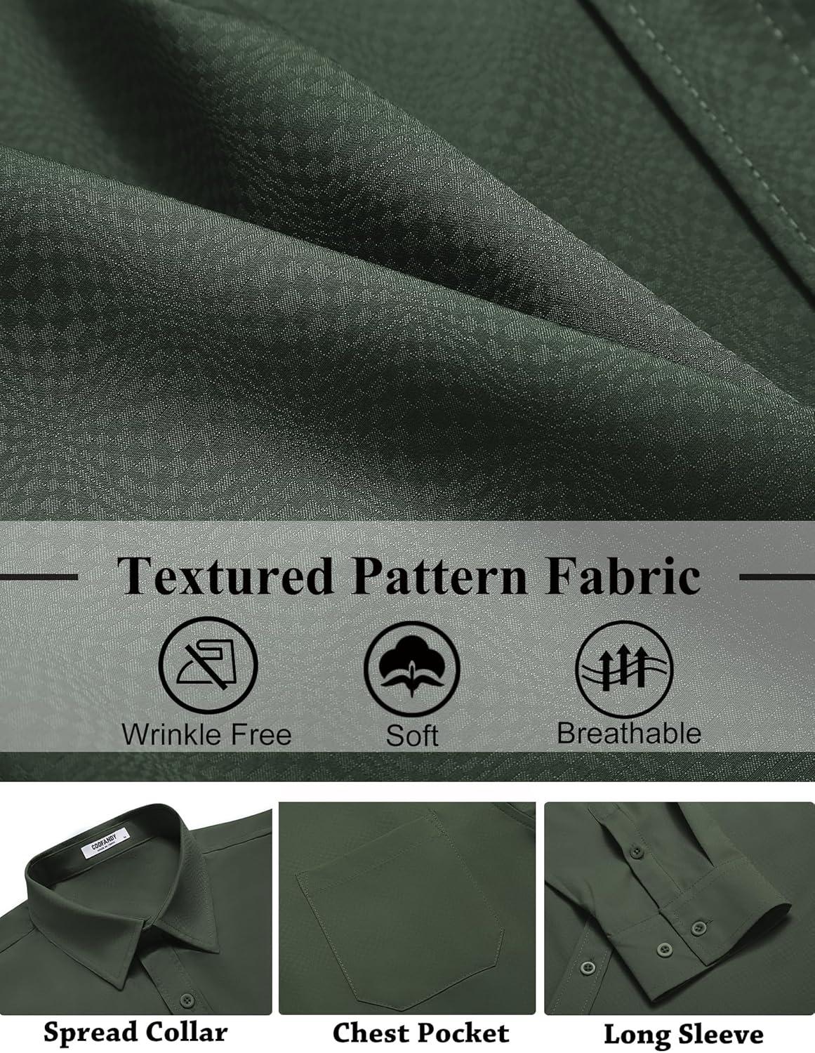 imageCOOFANDY Mens Dress Shirts Long Sleeve Wrinkle Free Shirt Textured Business Casual Button Down ShirtDark Army Green