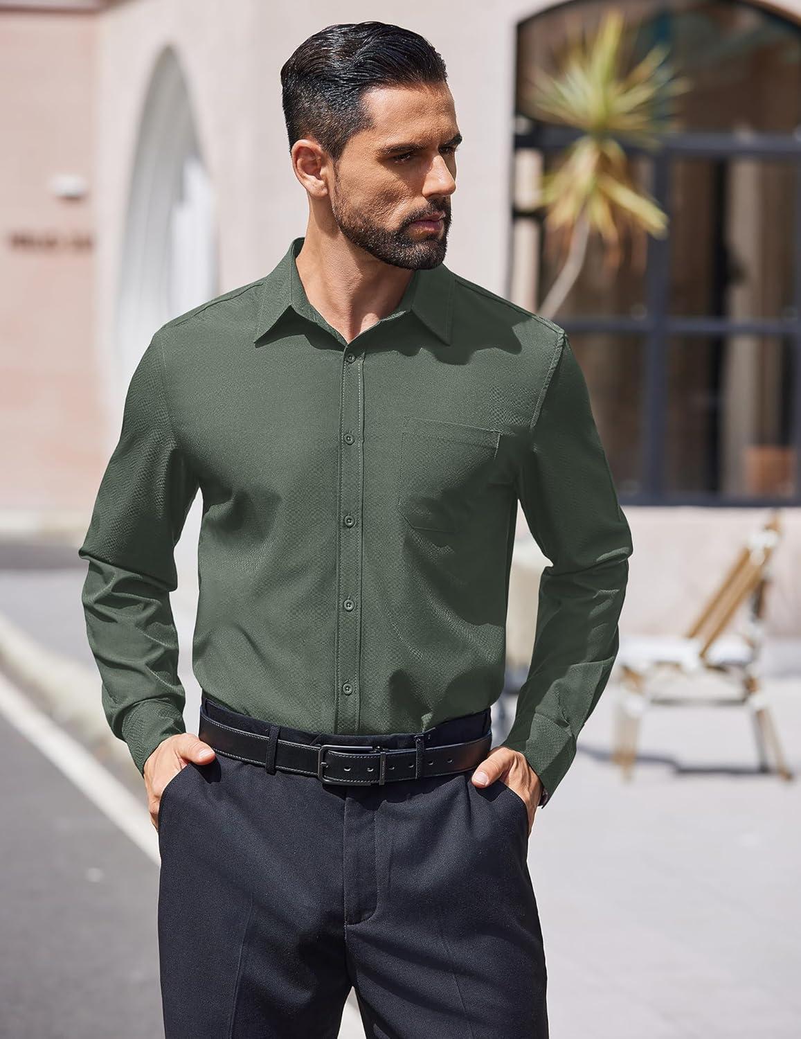 imageCOOFANDY Mens Dress Shirts Long Sleeve Wrinkle Free Shirt Textured Business Casual Button Down ShirtDark Army Green