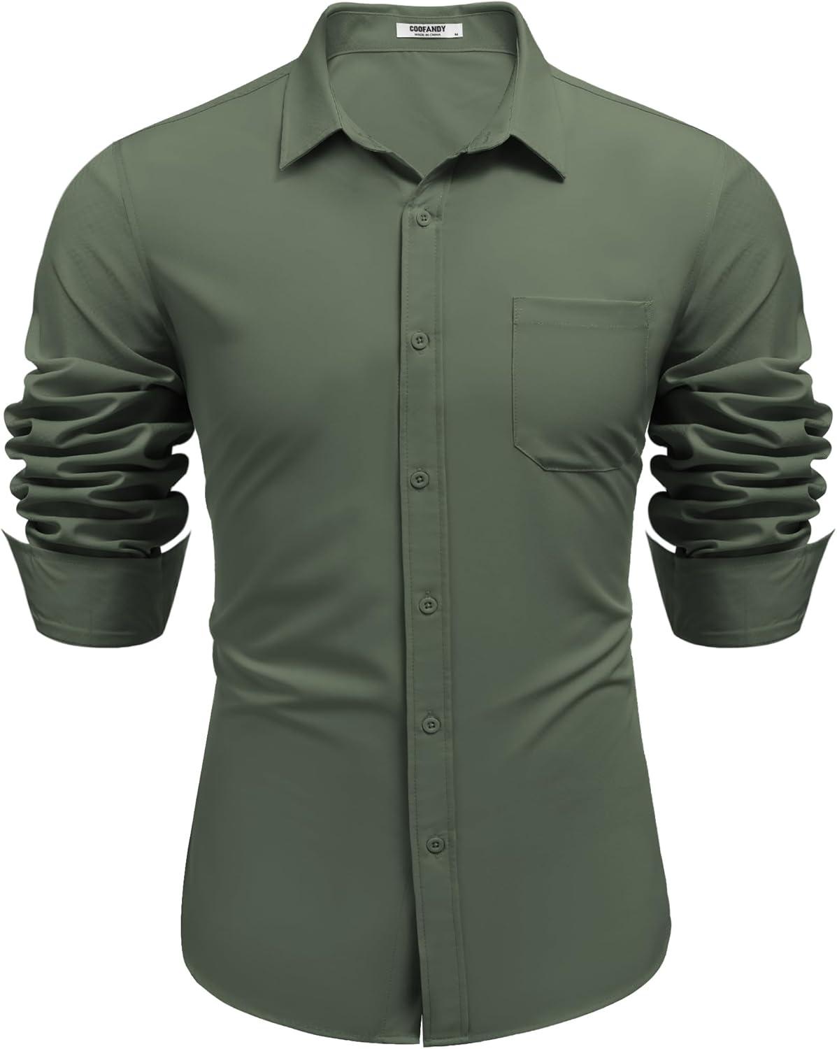 imageCOOFANDY Mens Dress Shirts Long Sleeve Wrinkle Free Shirt Textured Business Casual Button Down ShirtDark Army Green
