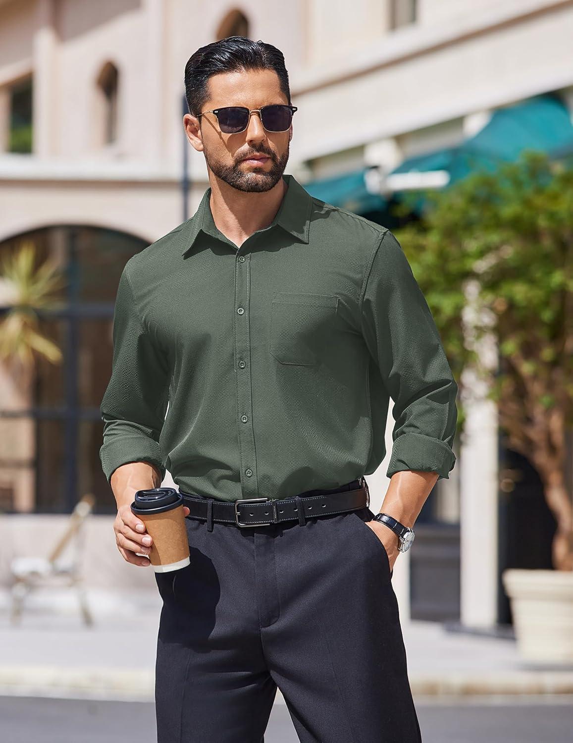 imageCOOFANDY Mens Dress Shirts Long Sleeve Wrinkle Free Shirt Textured Business Casual Button Down ShirtDark Army Green