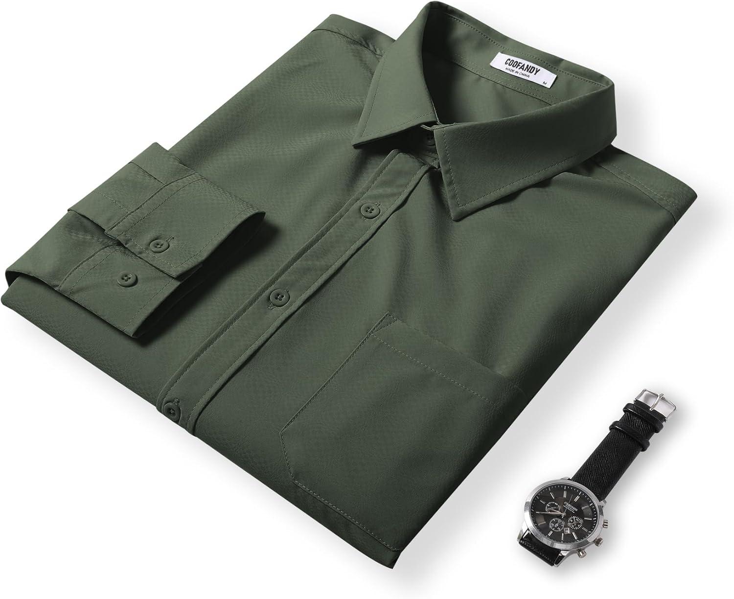 imageCOOFANDY Mens Dress Shirts Long Sleeve Wrinkle Free Shirt Textured Business Casual Button Down ShirtDark Army Green