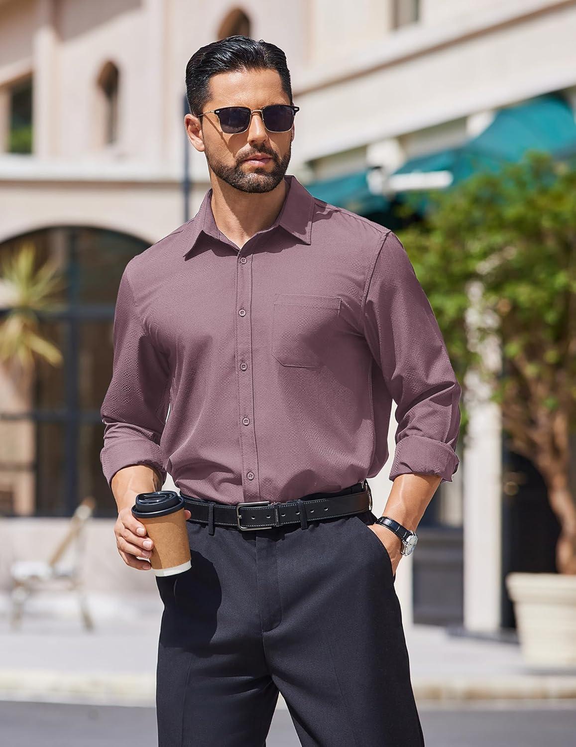 imageCOOFANDY Mens Dress Shirts Long Sleeve Wrinkle Free Shirt Textured Business Casual Button Down ShirtLilac