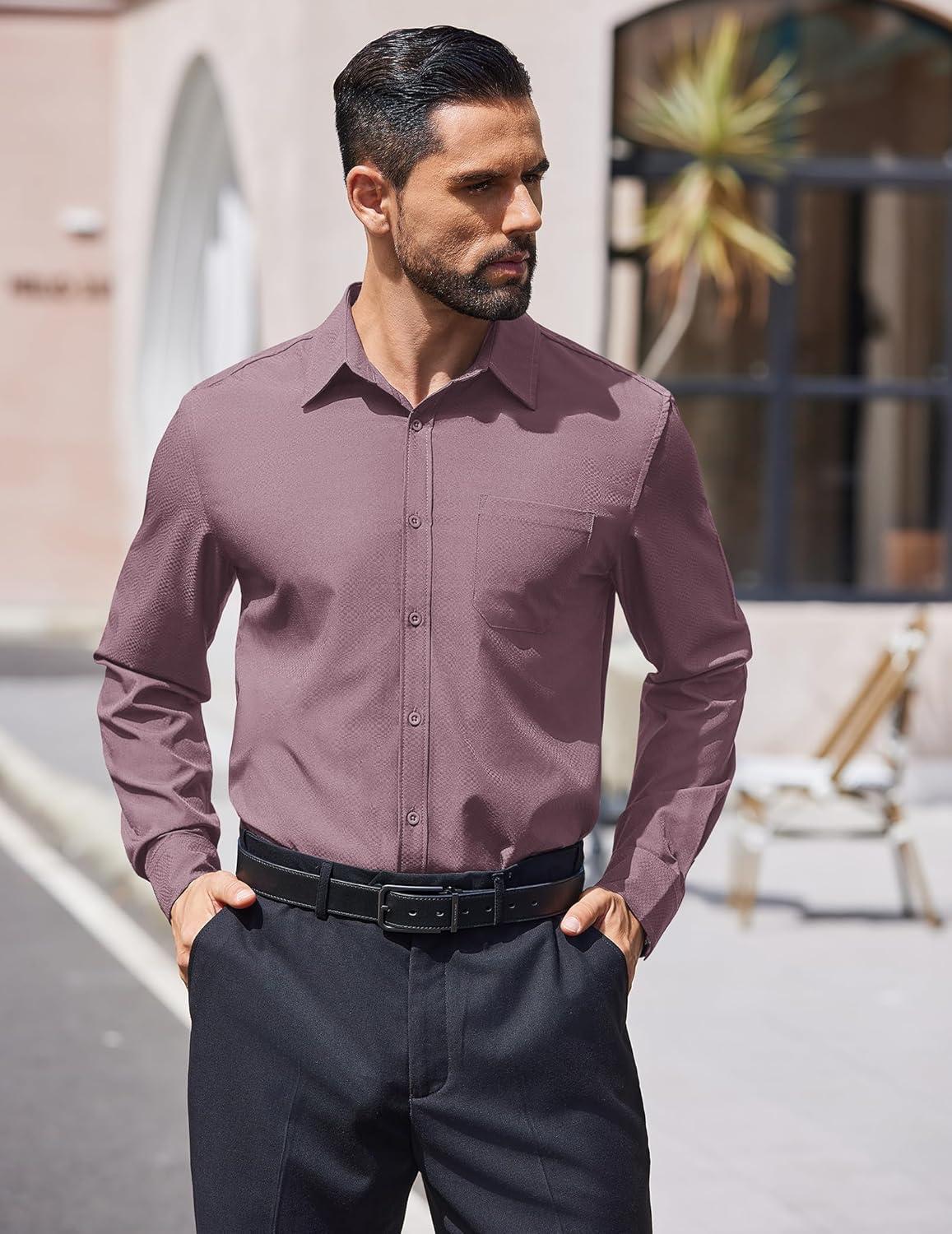 imageCOOFANDY Mens Dress Shirts Long Sleeve Wrinkle Free Shirt Textured Business Casual Button Down ShirtLilac