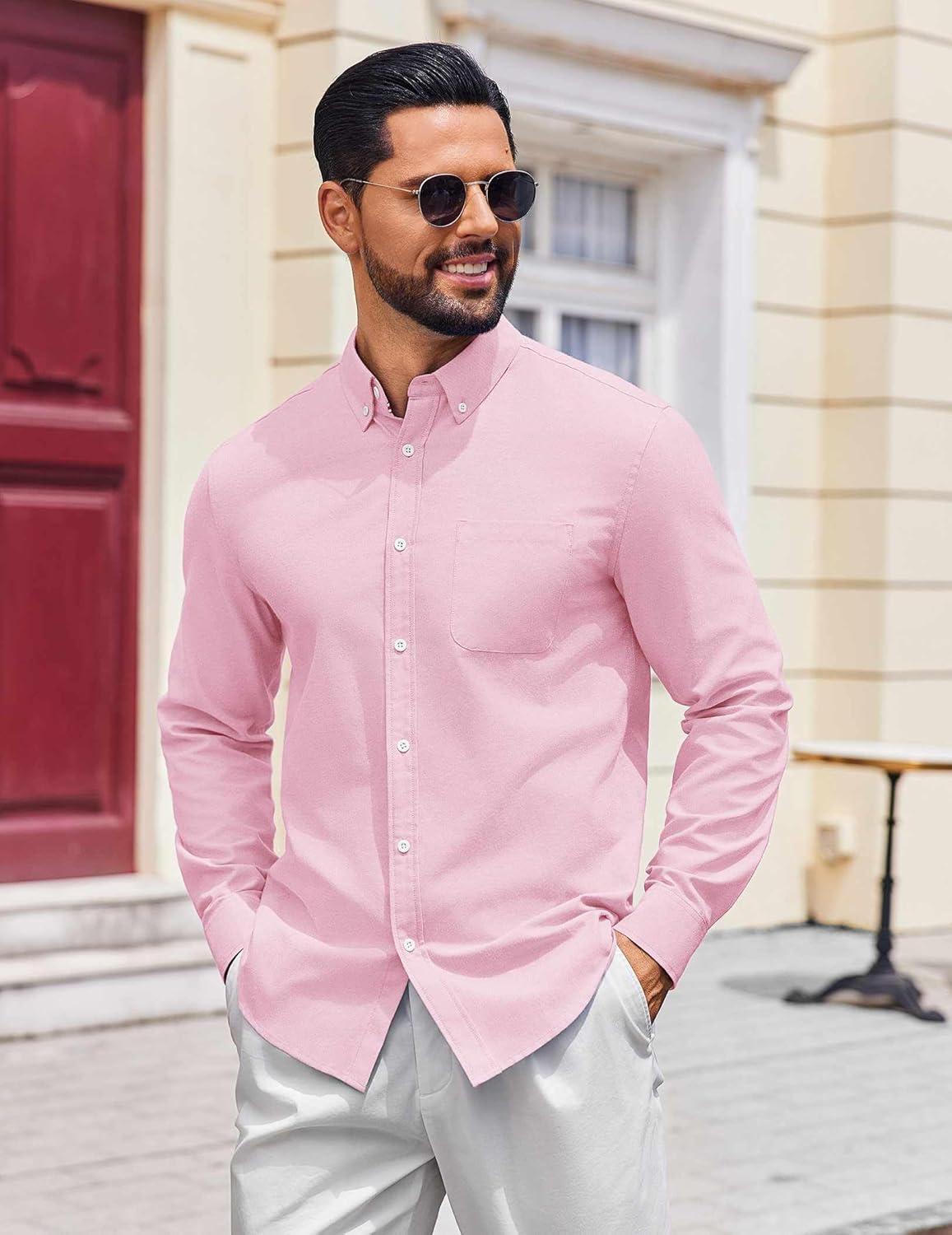 imageCOOFANDY Mens Dress Shirts Long Sleeve Wrinkle Free Shirt Textured Business Casual Button Down ShirtPink