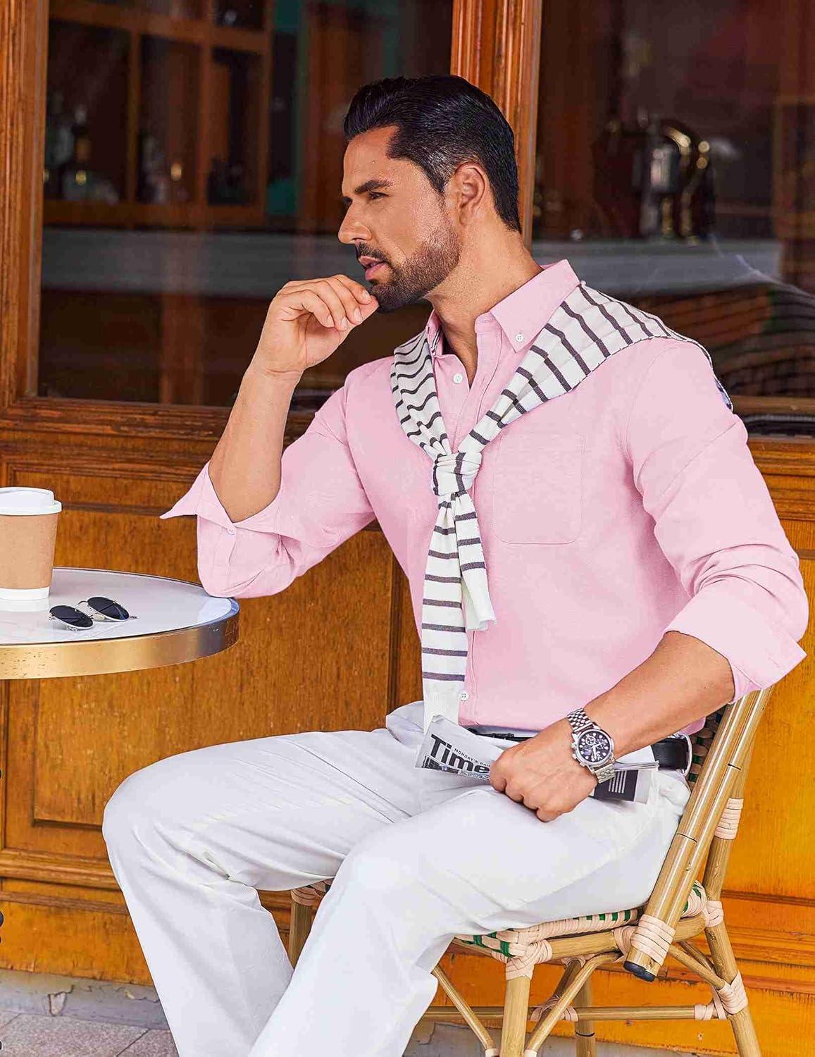 imageCOOFANDY Mens Dress Shirts Long Sleeve Wrinkle Free Shirt Textured Business Casual Button Down ShirtPink