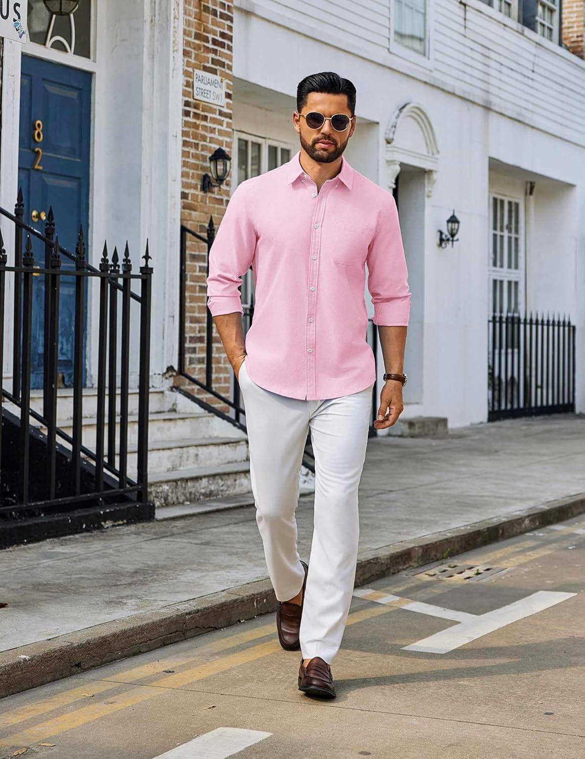 imageCOOFANDY Mens Dress Shirts Long Sleeve Wrinkle Free Shirt Textured Business Casual Button Down ShirtPink