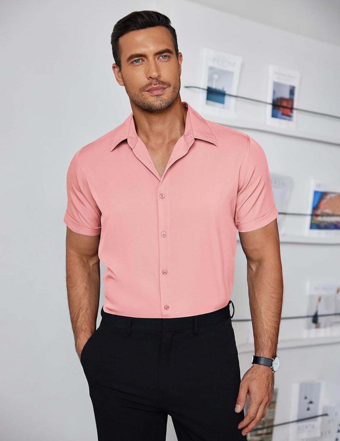 imageCOOFANDY Mens Dress Shirts Short Sleeve Regular Fit Lightweight Untucked Button Down ShirtLight Pink