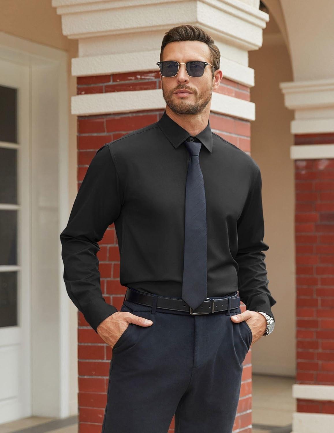 imageCOOFANDY Mens Dress Shirts Wrinkle Free Long Sleeve Button Down Shirts Formal Business ShirtA Black