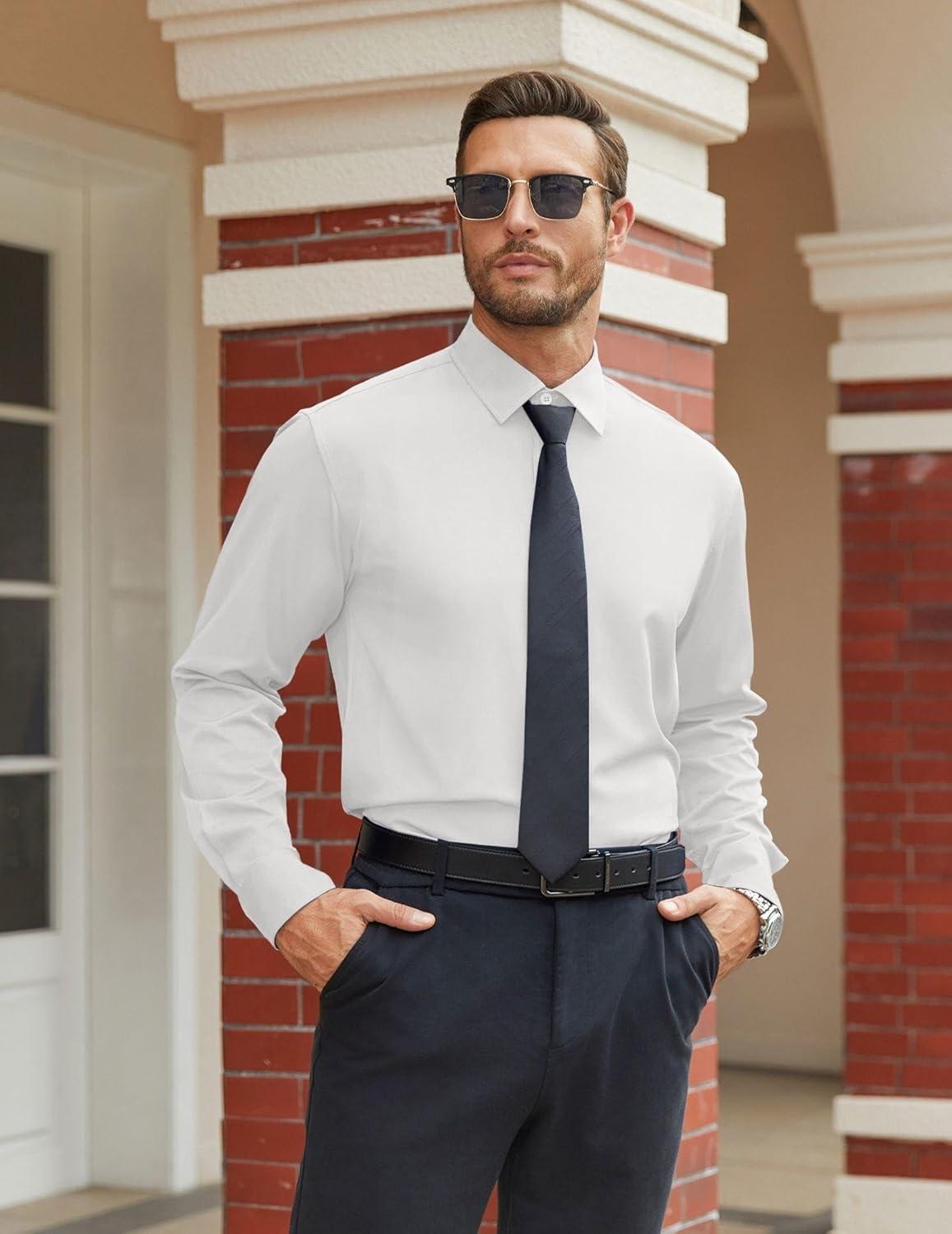 imageCOOFANDY Mens Dress Shirts Wrinkle Free Long Sleeve Button Down Shirts Formal Business ShirtA White