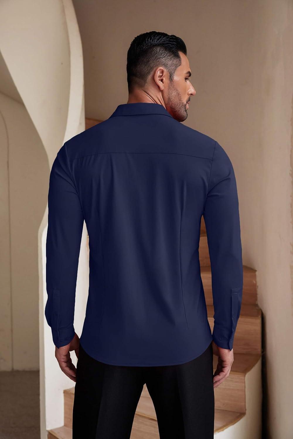 imageCOOFANDY Mens Dress Shirts Wrinkle Free Long Sleeve Button Down Shirts Formal Business ShirtDeep Blue