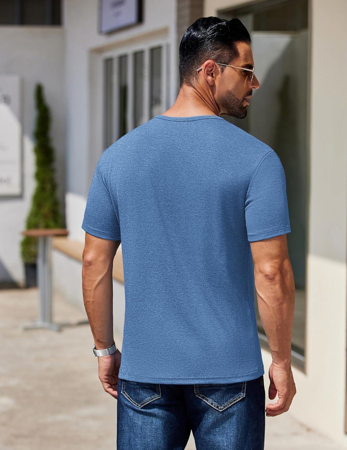 imageCOOFANDY Mens Fashion Henley Shirts Short Sleeve Lightweight TShirt Soild Button Tee Top Blue