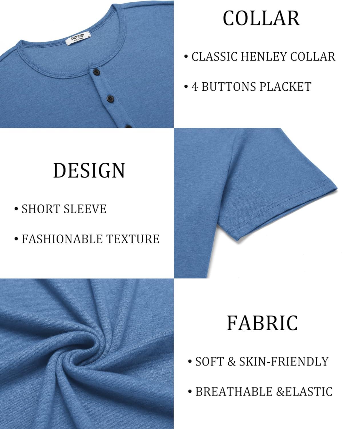 imageCOOFANDY Mens Fashion Henley Shirts Short Sleeve Lightweight TShirt Soild Button Tee Top Blue