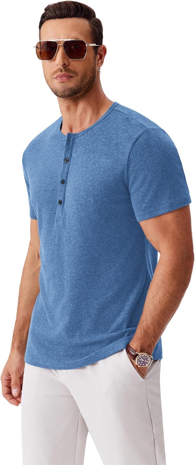imageCOOFANDY Mens Fashion Henley Shirts Short Sleeve Lightweight TShirt Soild Button Tee Top Blue