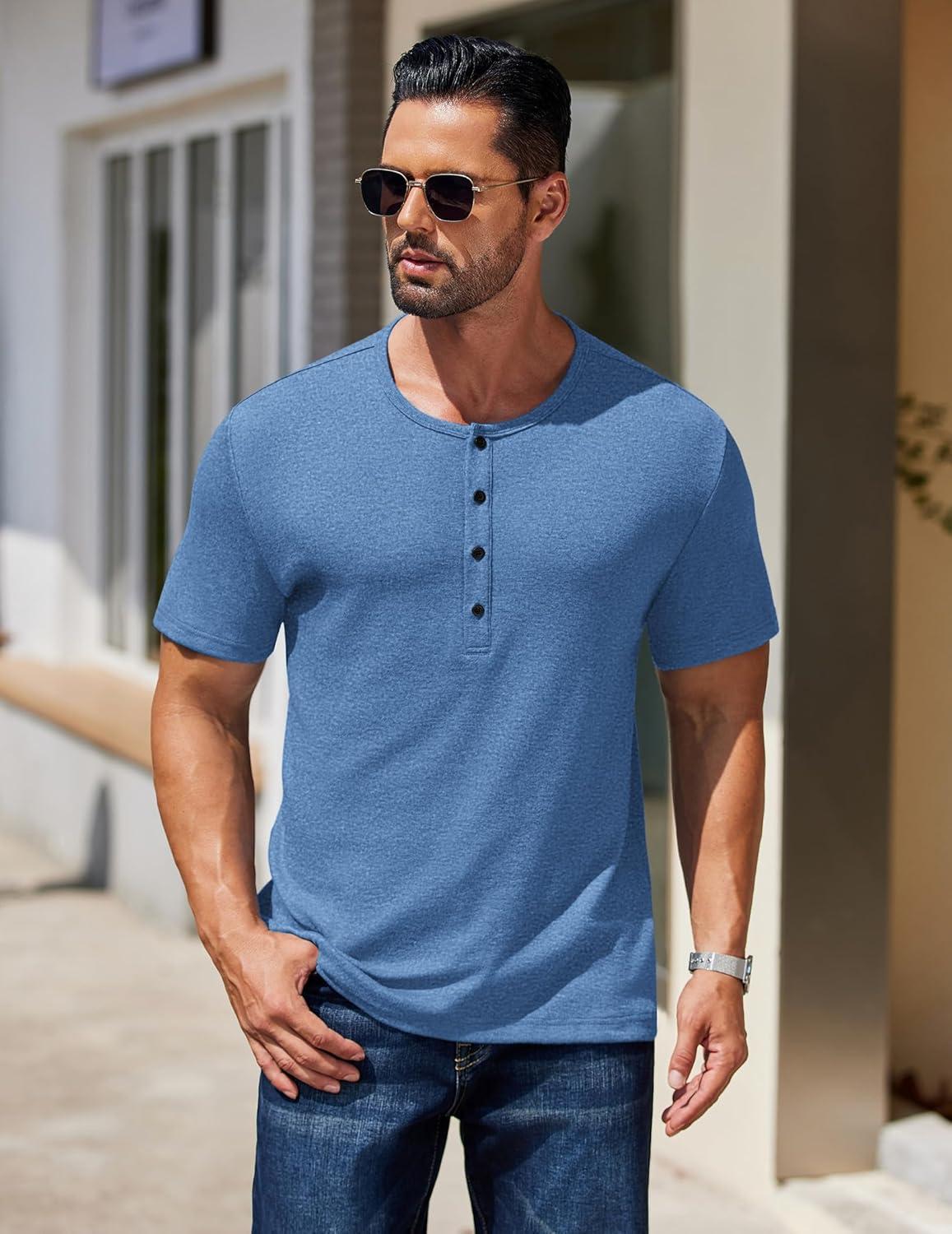 imageCOOFANDY Mens Fashion Henley Shirts Short Sleeve Lightweight TShirt Soild Button Tee Top Blue