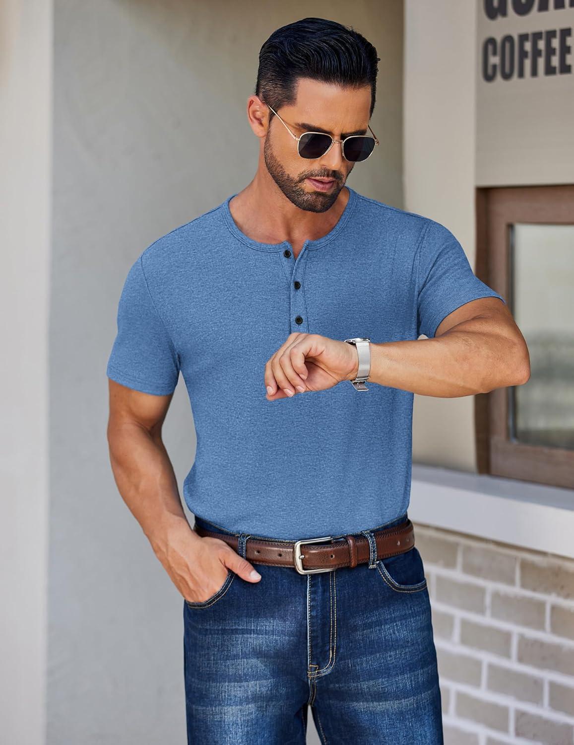 imageCOOFANDY Mens Fashion Henley Shirts Short Sleeve Lightweight TShirt Soild Button Tee Top Blue