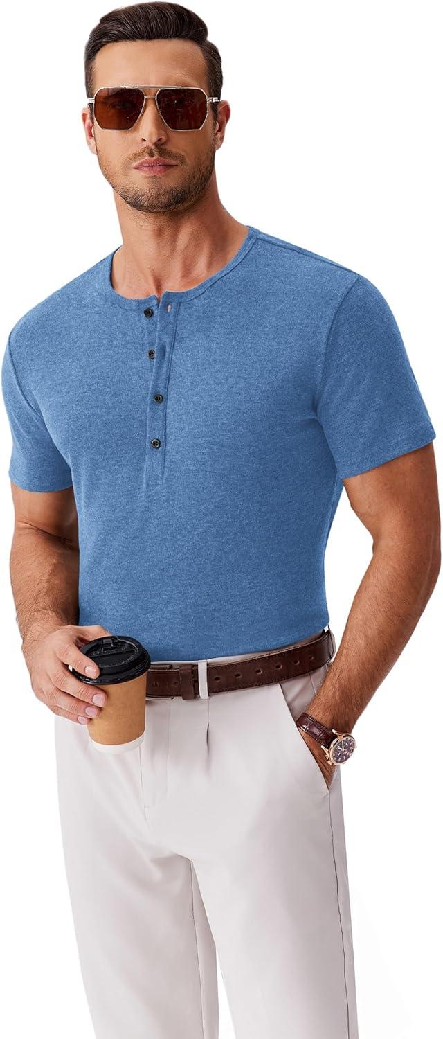 imageCOOFANDY Mens Fashion Henley Shirts Short Sleeve Lightweight TShirt Soild Button Tee Top Blue