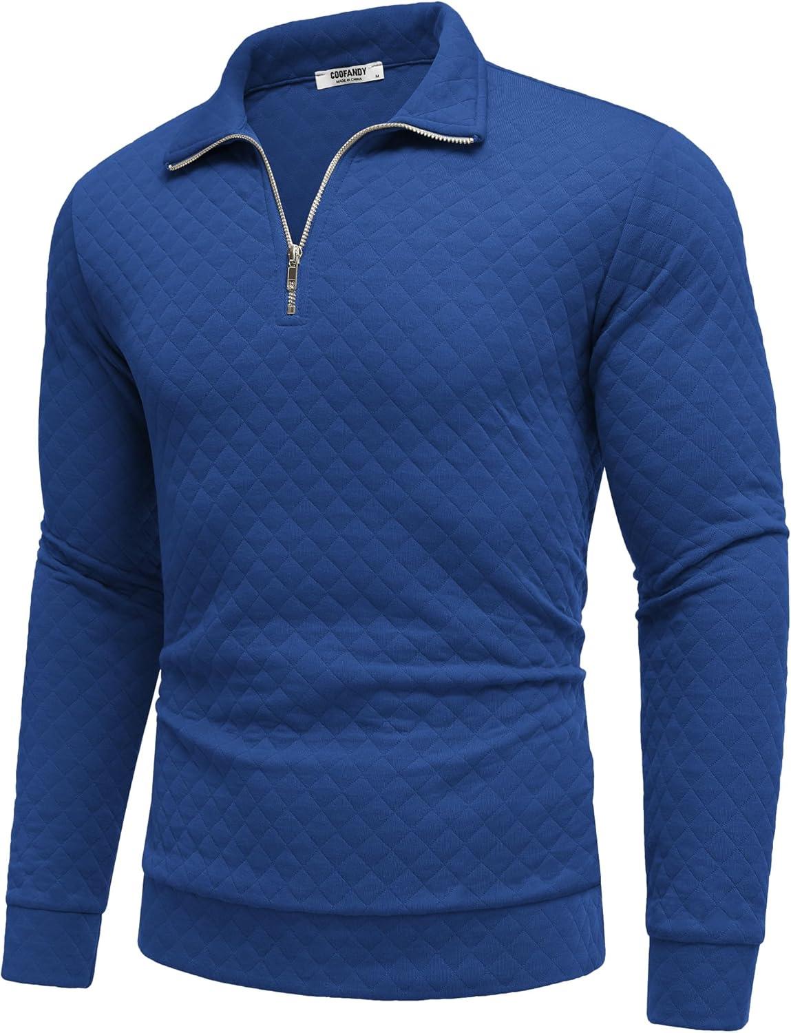 imageCOOFANDY Mens Fashion Quarter Zip Pullover Long Sleeve Quilted Sweatshirt Plaid Jacquard Polo Mock Neck SweatersDark Blue