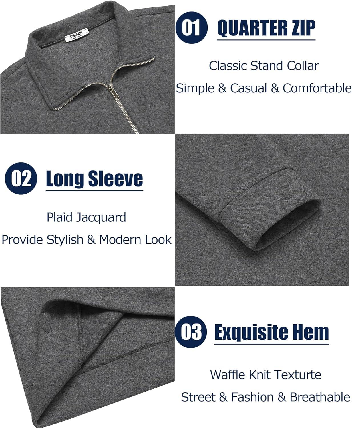 imageCOOFANDY Mens Fashion Quarter Zip Pullover Long Sleeve Quilted Sweatshirt Plaid Jacquard Polo Mock Neck SweatersDark Grey