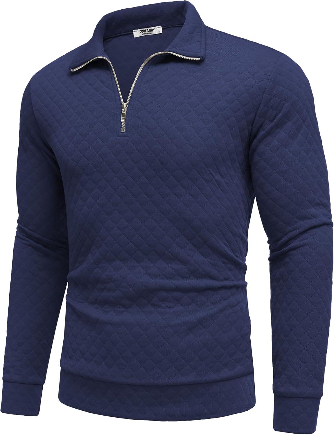 imageCOOFANDY Mens Fashion Quarter Zip Pullover Long Sleeve Quilted Sweatshirt Plaid Jacquard Polo Mock Neck SweatersNavy Blue