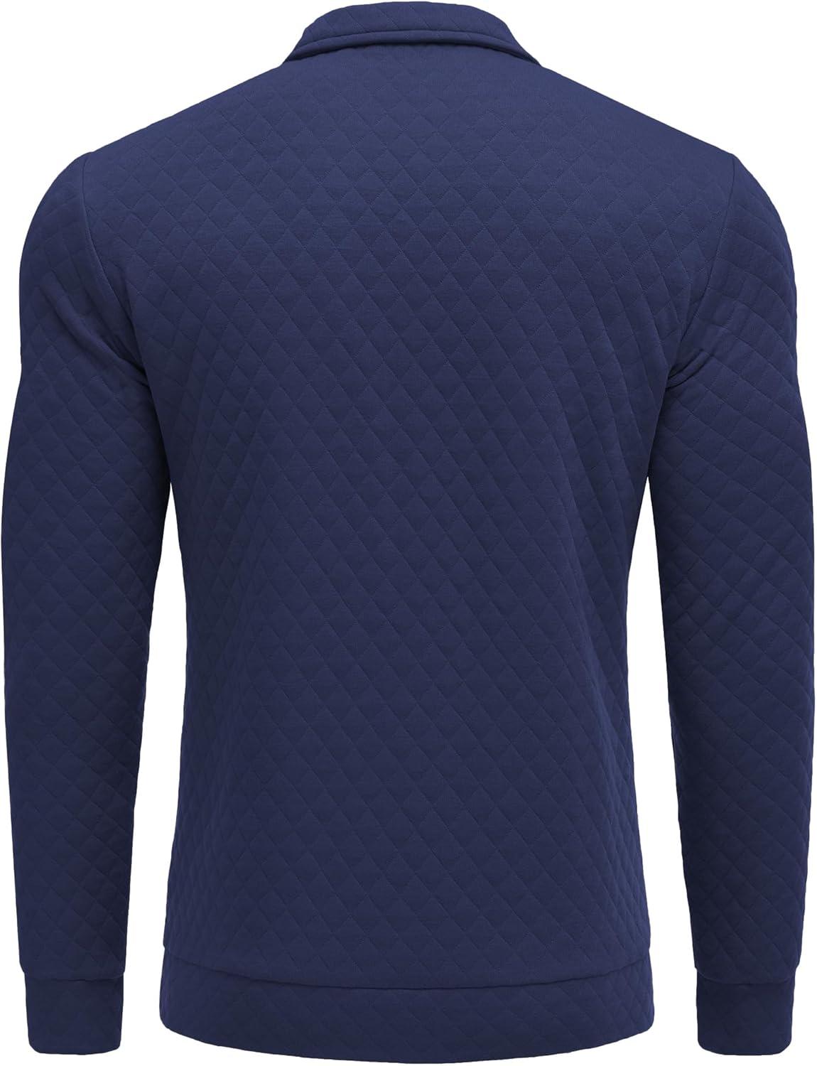 imageCOOFANDY Mens Fashion Quarter Zip Pullover Long Sleeve Quilted Sweatshirt Plaid Jacquard Polo Mock Neck SweatersNavy Blue