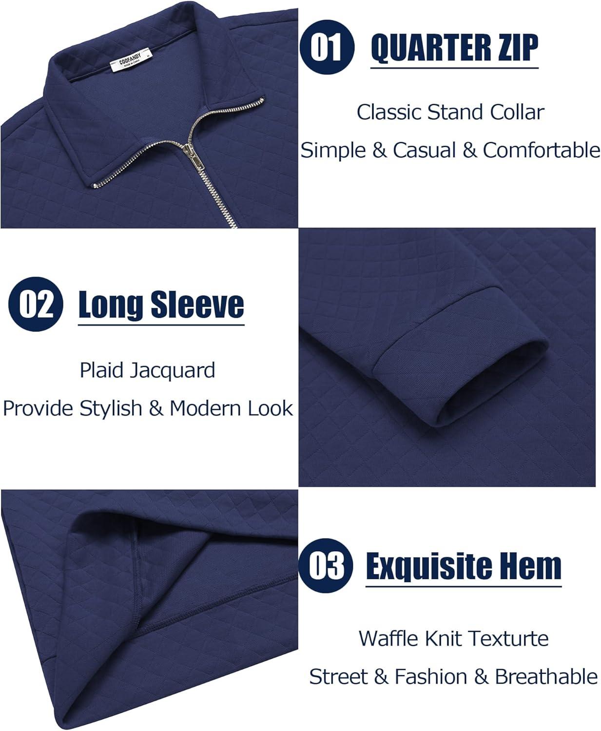 imageCOOFANDY Mens Fashion Quarter Zip Pullover Long Sleeve Quilted Sweatshirt Plaid Jacquard Polo Mock Neck SweatersNavy Blue
