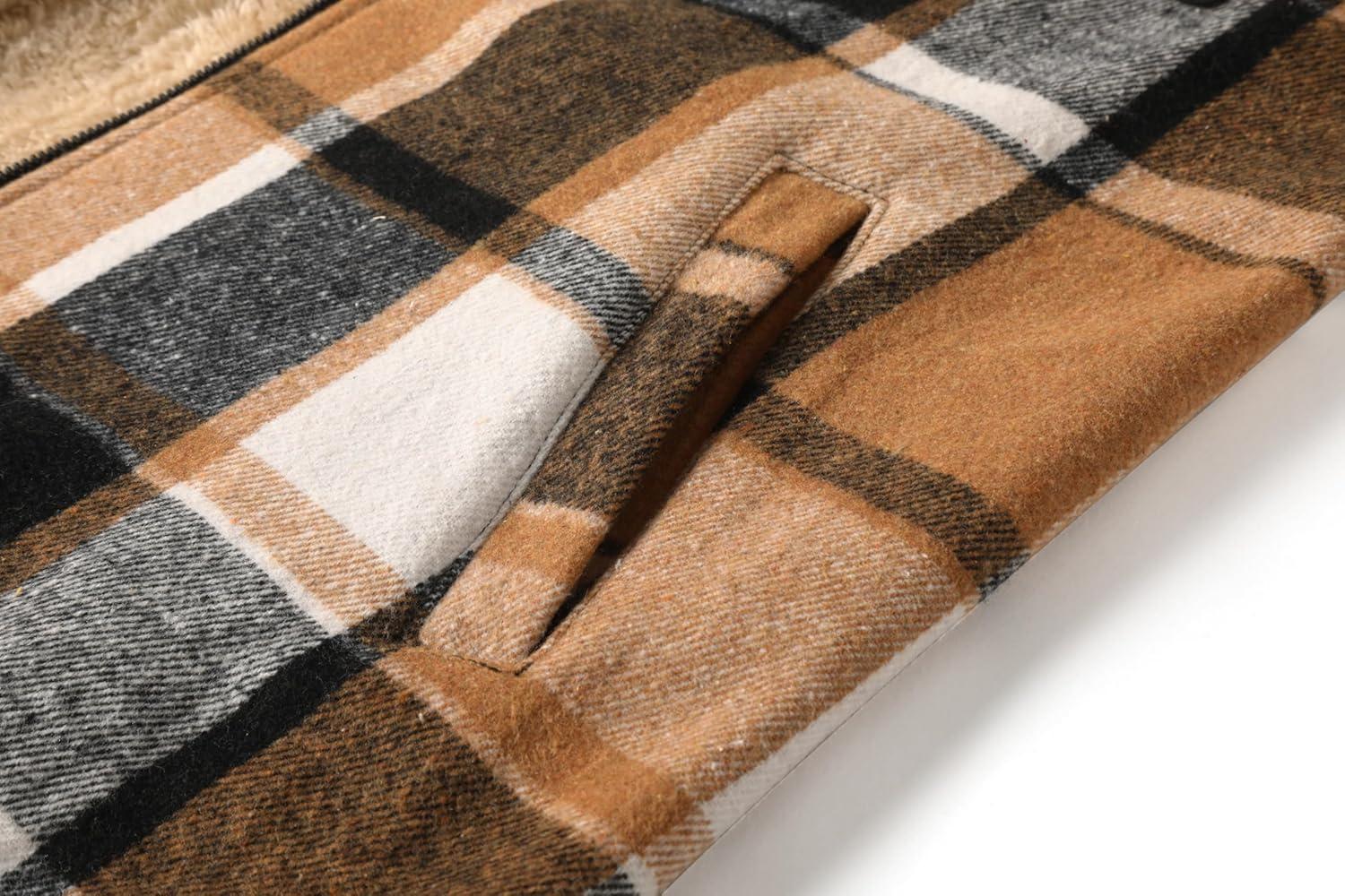 imageCOOFANDY Mens Flannel Fleece Jacket Sherpa Lined Shirt Jacket Plaid Zip Up Hoodie Soft Warm Coat with HoodAbrown Block