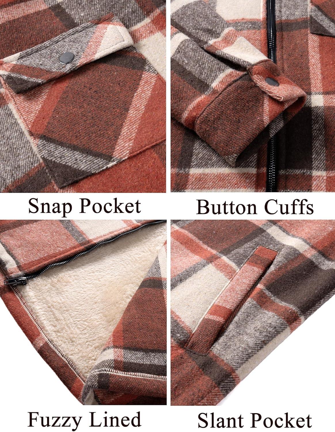 imageCOOFANDY Mens Flannel Fleece Jacket Sherpa Lined Shirt Jacket Plaid Zip Up Hoodie Soft Warm Coat with HoodAorange Block