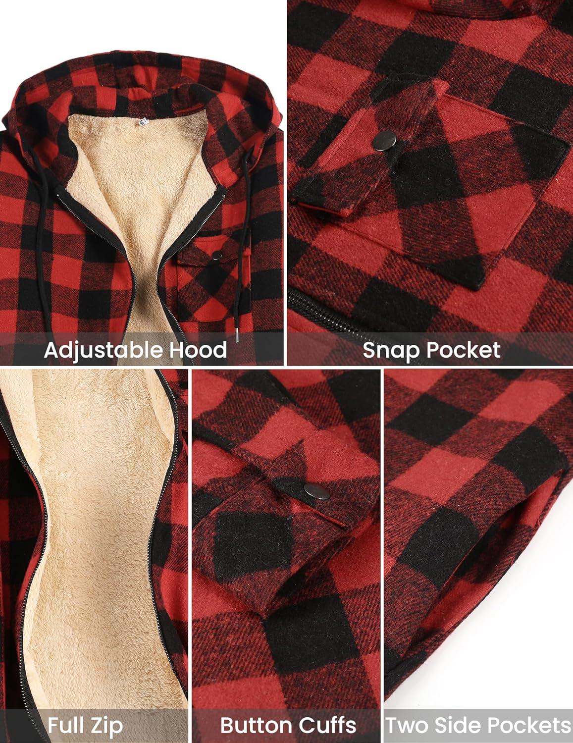 imageCOOFANDY Mens Flannel Fleece Jacket Sherpa Lined Shirt Jacket Plaid Zip Up Hoodie Soft Warm Coat with HoodBred Plaid