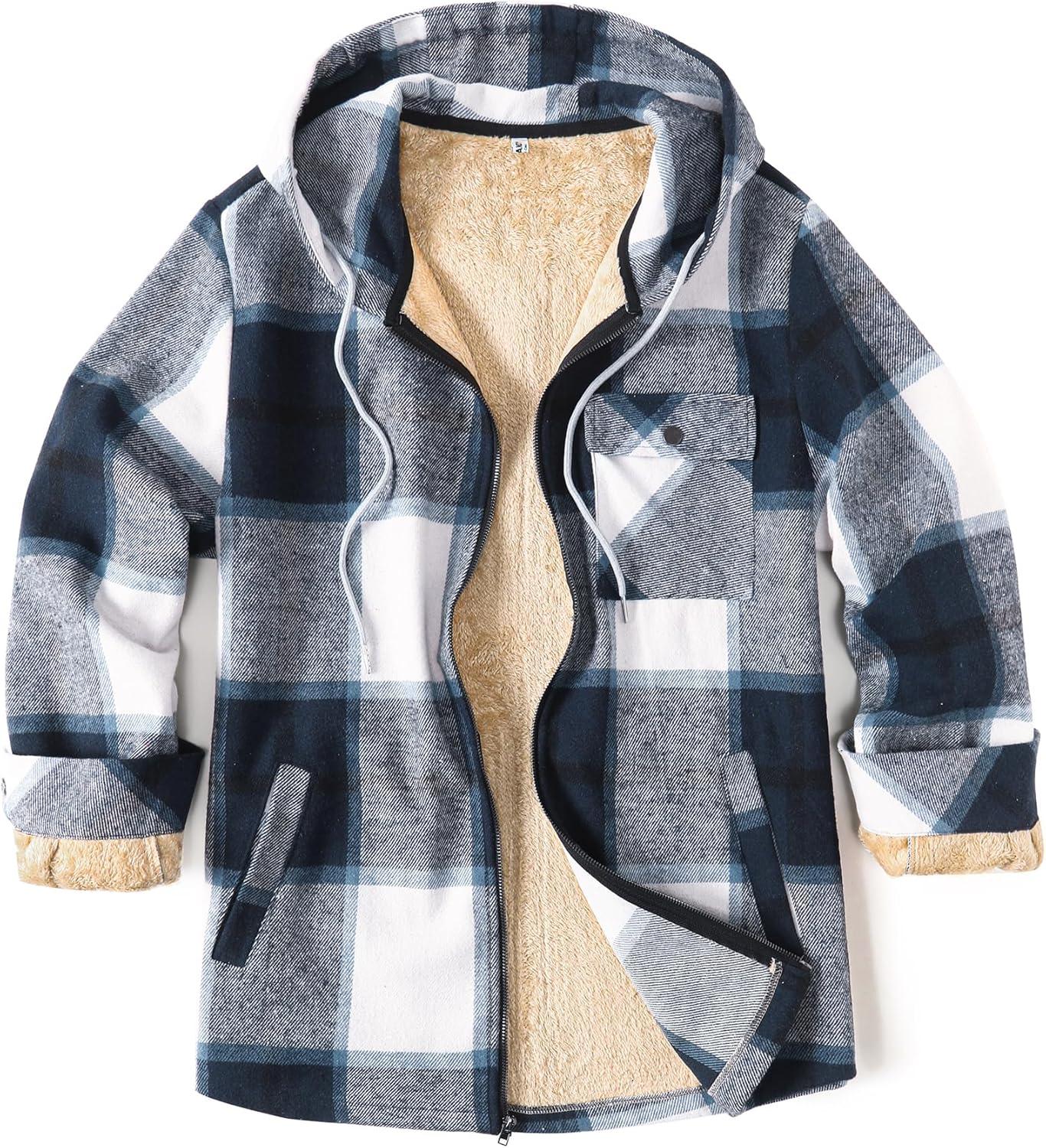 imageCOOFANDY Mens Flannel Fleece Jacket Sherpa Lined Shirt Jacket Plaid Zip Up Hoodie Soft Warm Coat with HoodCblue Block