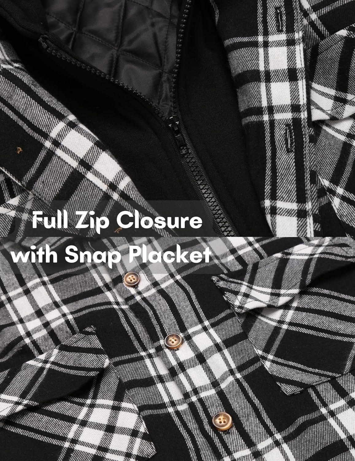 imageCOOFANDY Mens Flannel Shirt Jacket Warm Quilted Lined Hooded Long Sleeve Plaid Shirt JacketsBlack Khaki Plaid