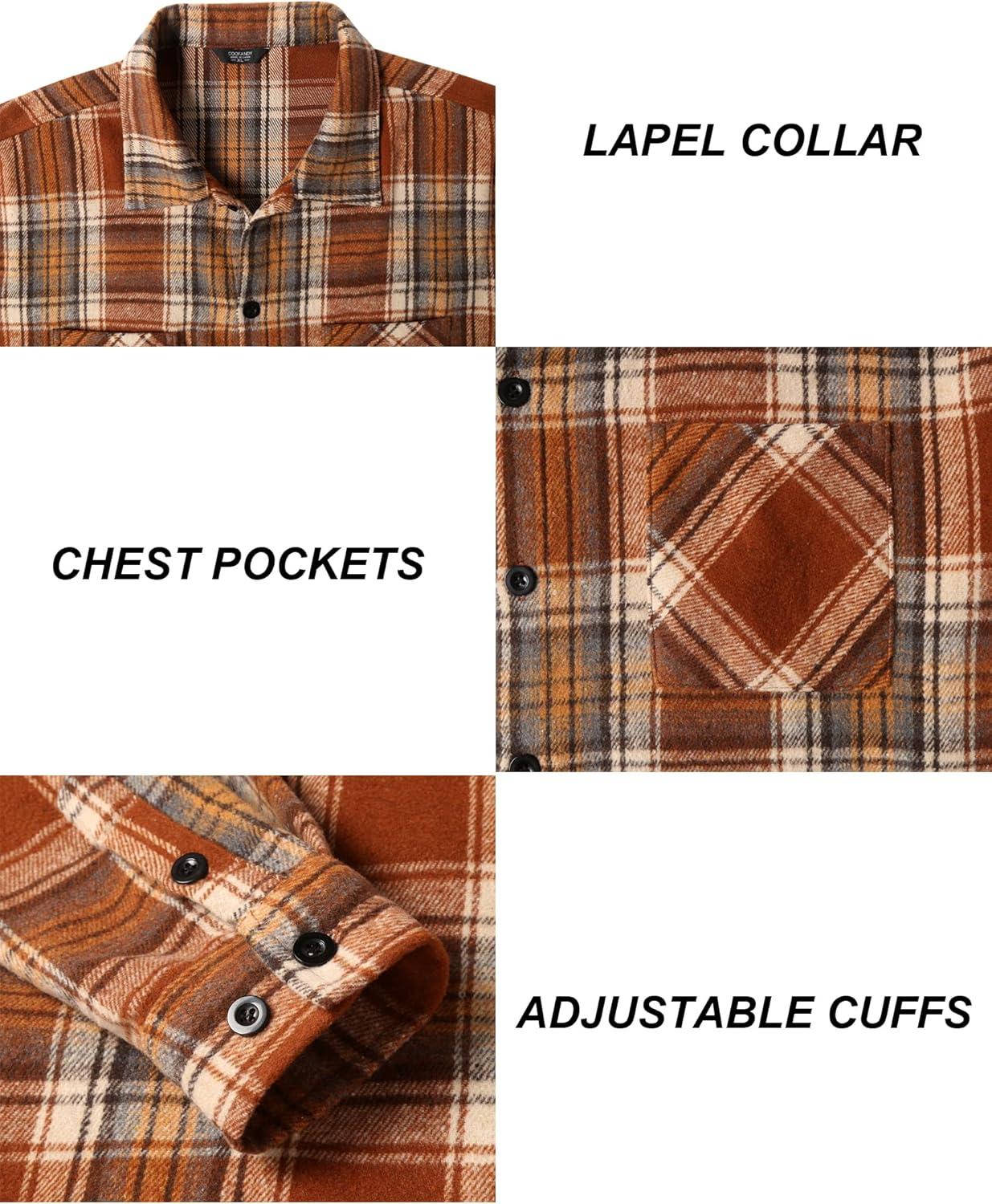 imageCOOFANDY Mens Flannel Shirts Casual Button Down Plaid Shirt Jacket Long Sleeve Fleece Shacket with PocketsBrown