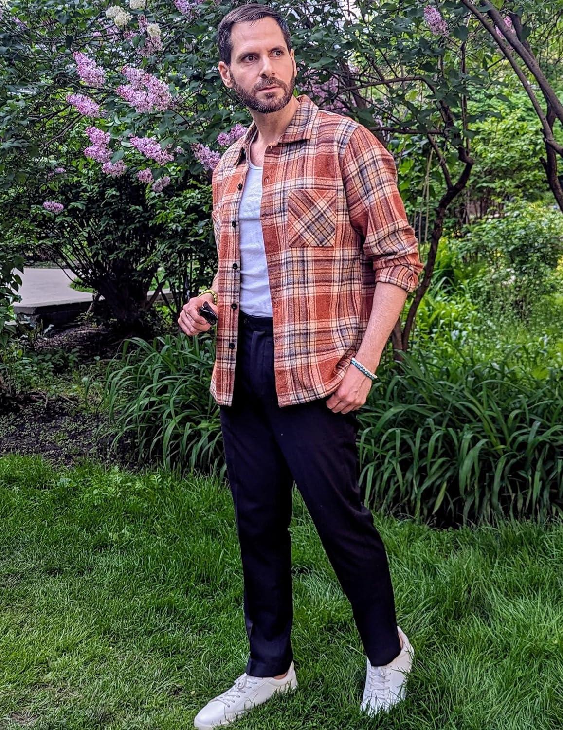 imageCOOFANDY Mens Flannel Shirts Casual Button Down Plaid Shirt Jacket Long Sleeve Fleece Shacket with PocketsBrown