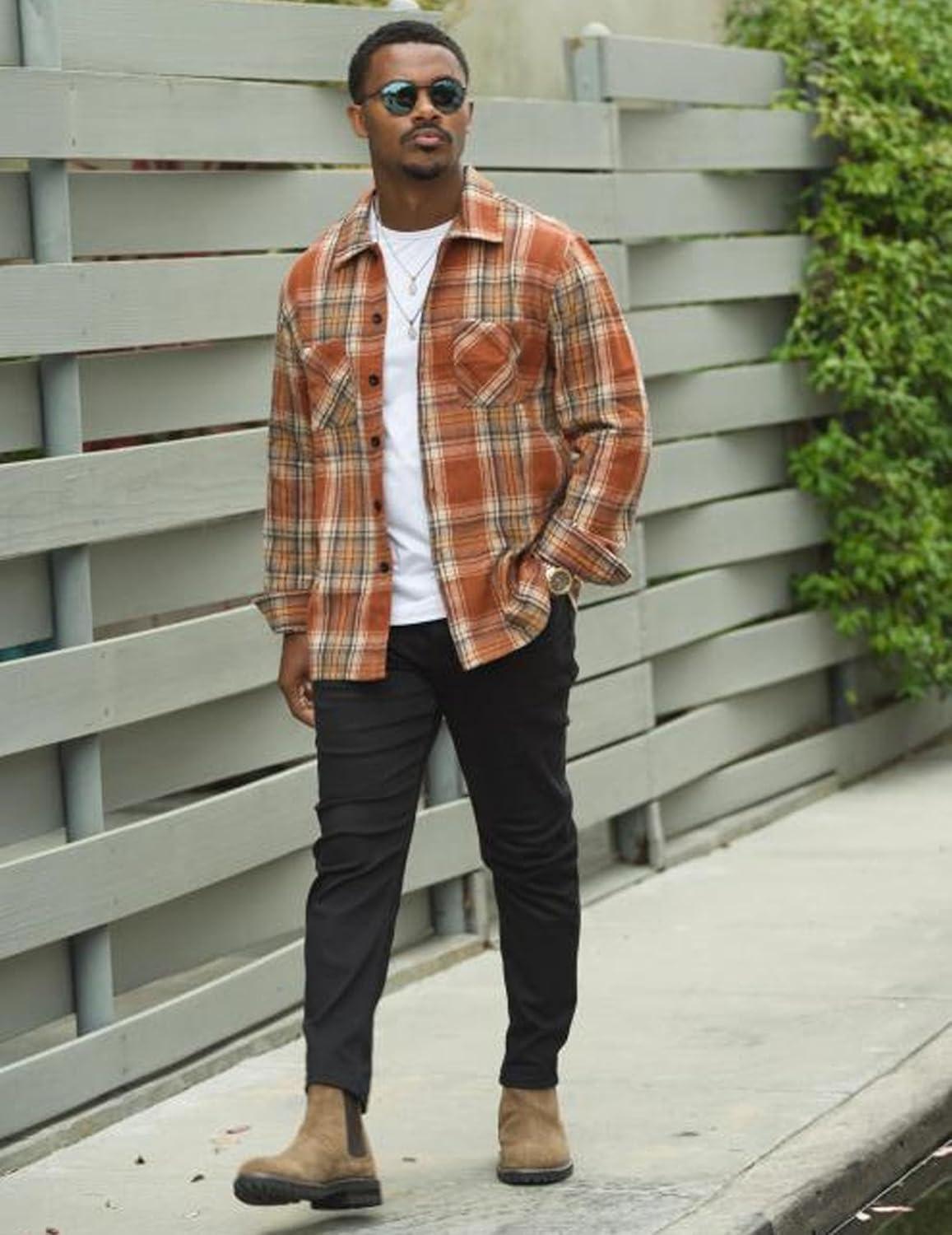 imageCOOFANDY Mens Flannel Shirts Casual Button Down Plaid Shirt Jacket Long Sleeve Fleece Shacket with PocketsBrown