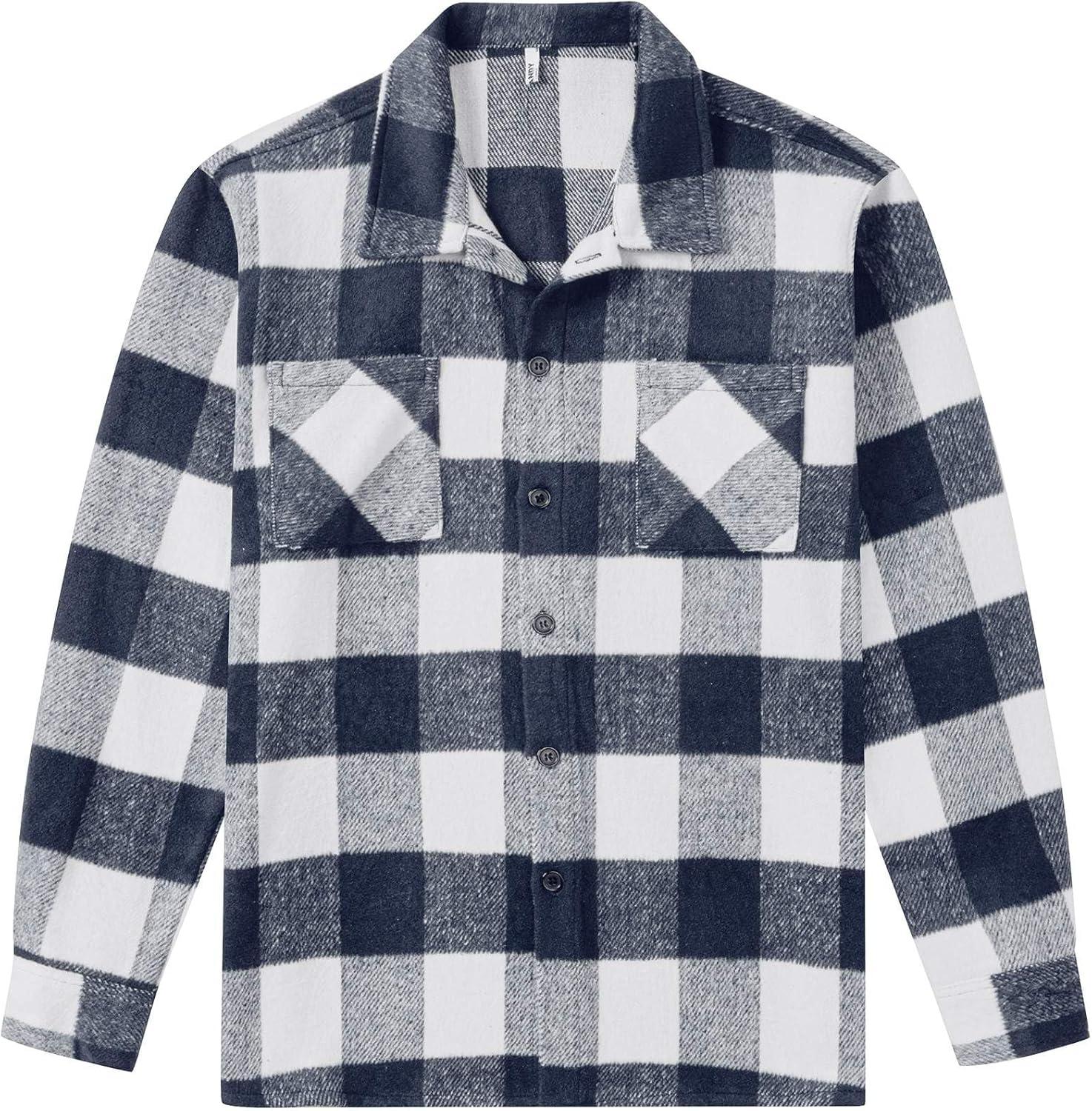 imageCOOFANDY Mens Flannel Shirts Casual Button Down Plaid Shirt Jacket Long Sleeve Fleece Shacket with PocketsBuffalo Navy Blue