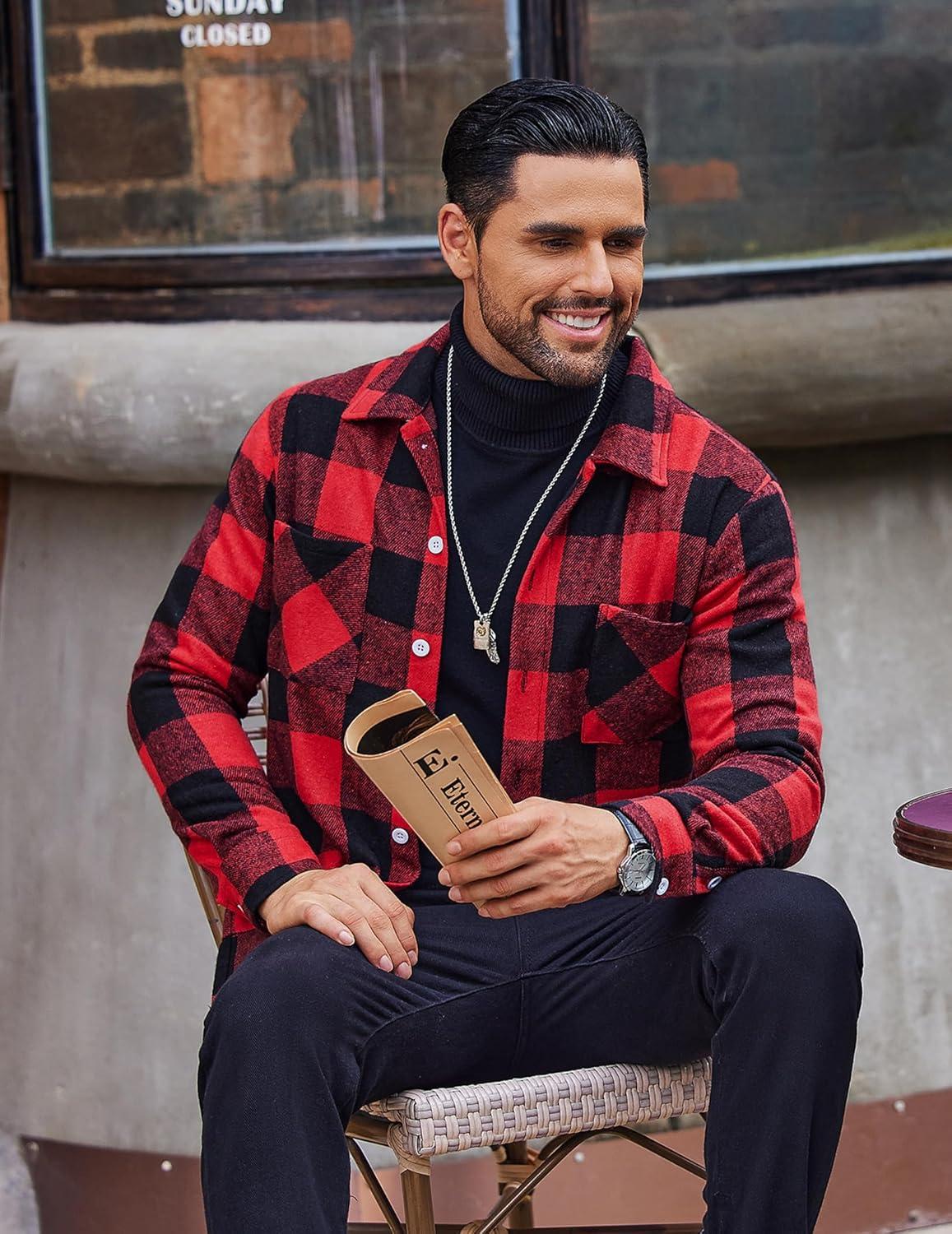 imageCOOFANDY Mens Flannel Shirts Casual Button Down Plaid Shirt Jacket Long Sleeve Fleece Shacket with PocketsBuffalo Red